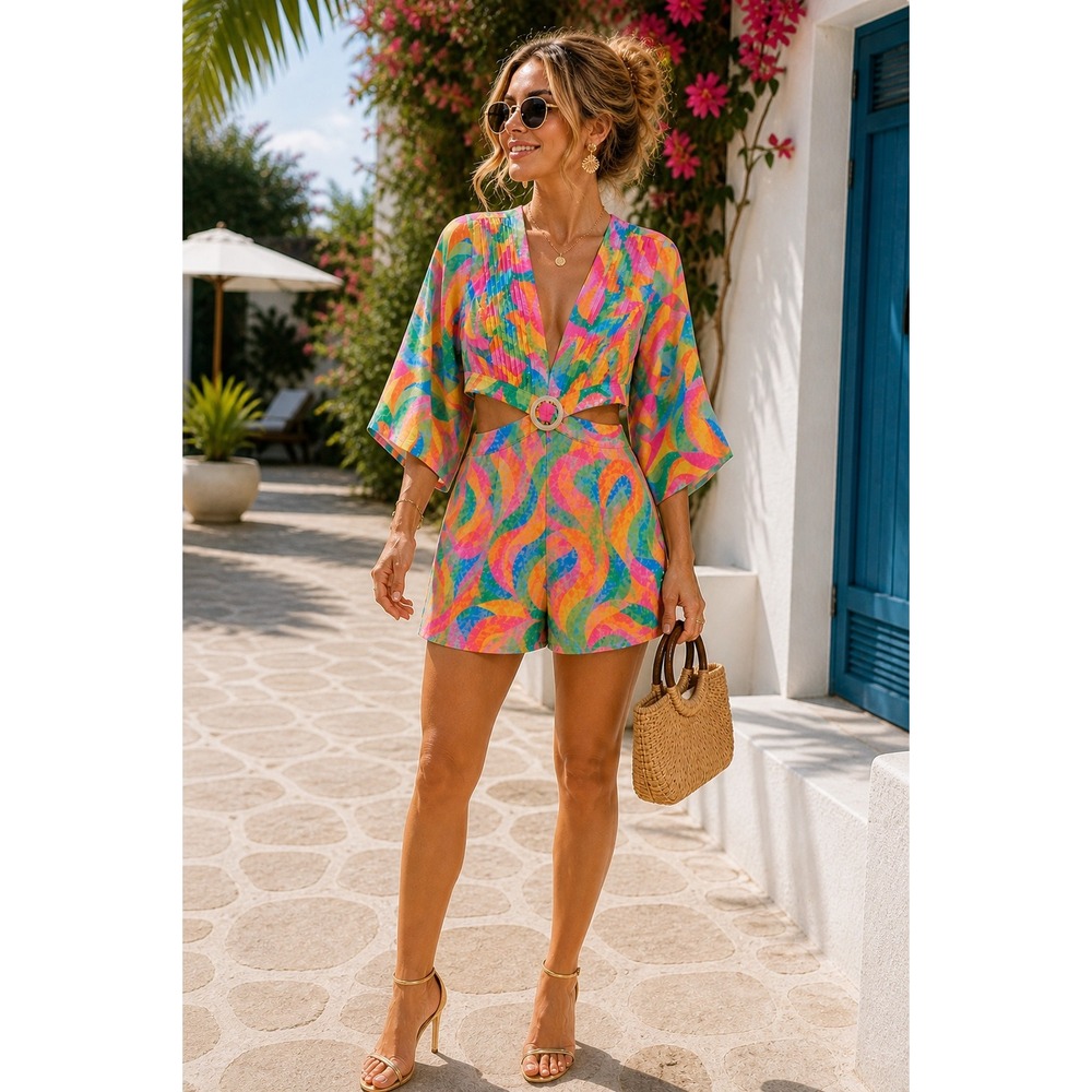 Pink Lily Colorful Swirls Cutout Romper Multi Pink Large MA223